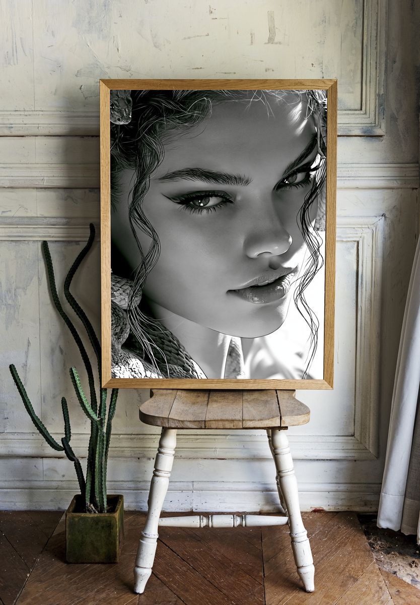 Snake Portrait Black-White Print. room preview