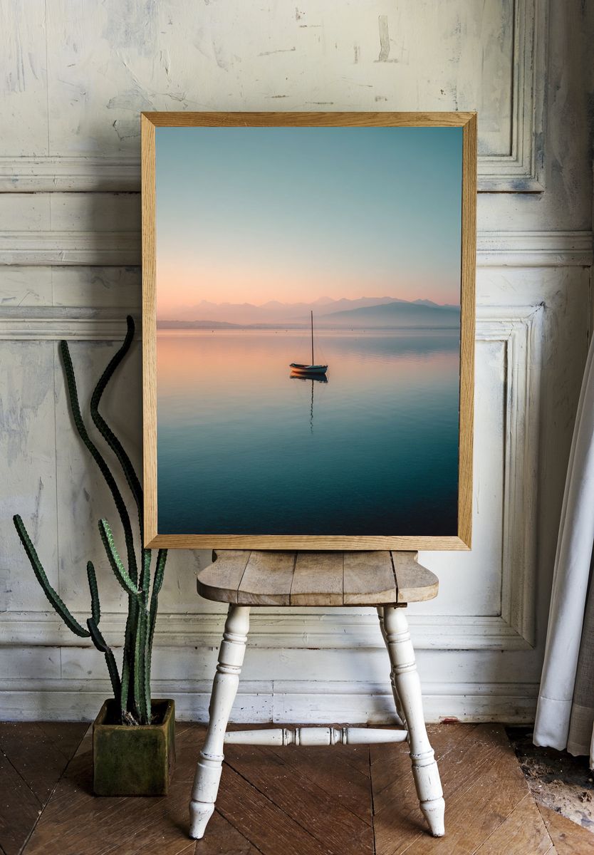 Serene Sailboat Sunrise Print. — room view 1