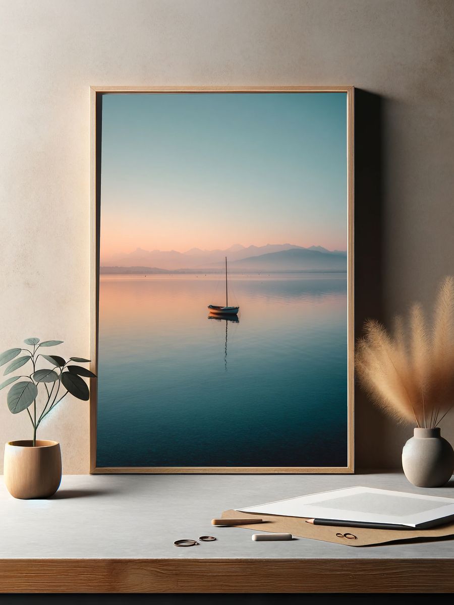 Serene Sailboat Sunrise Print. — room view 2