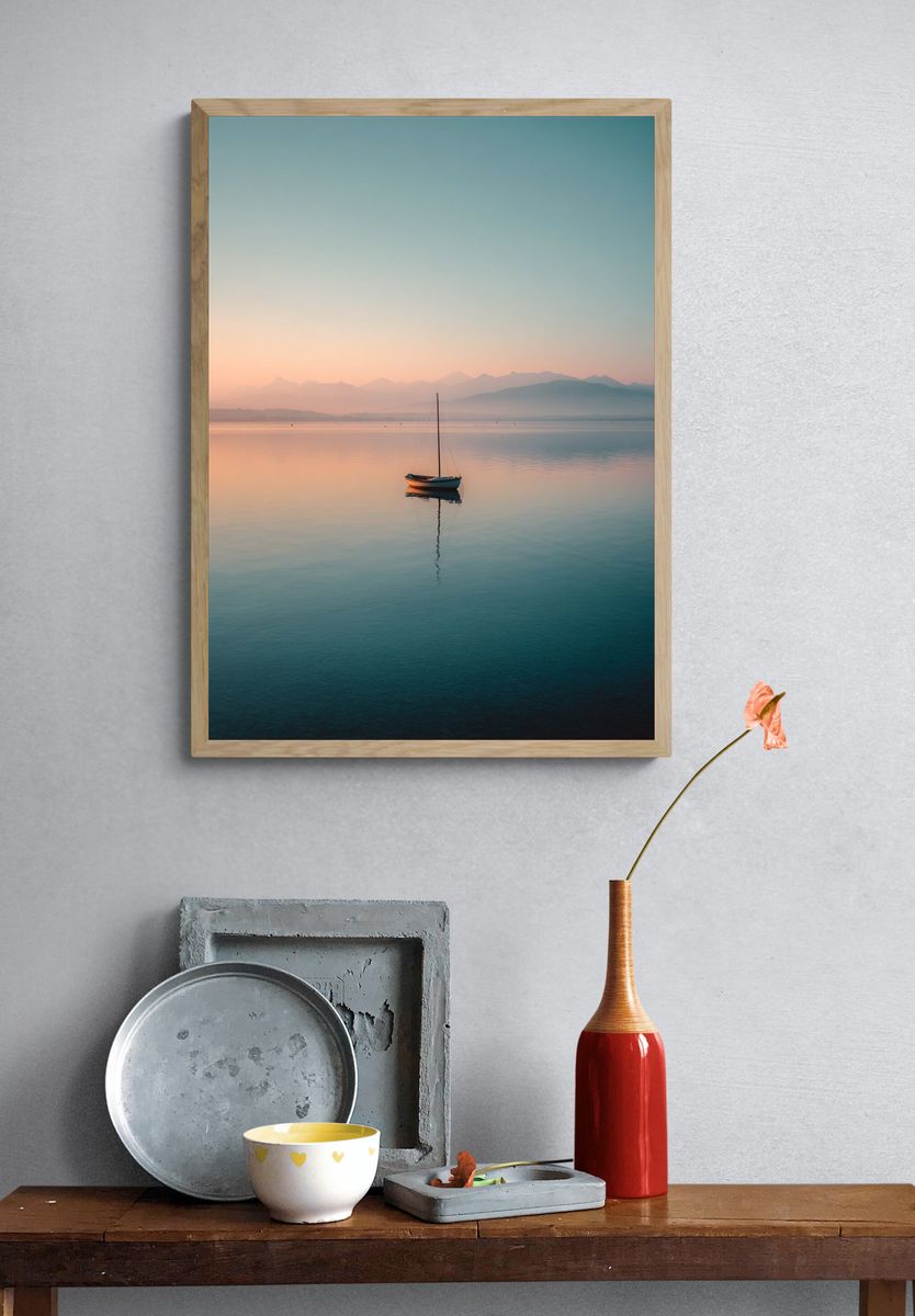 Serene Sailboat Sunrise Print. — room view 3