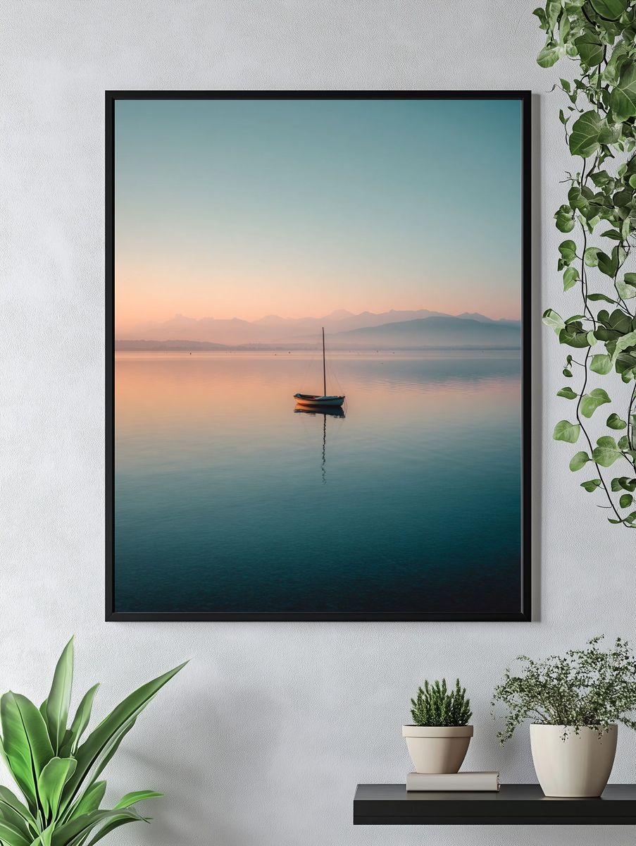 Serene Sailboat Sunrise Print. — room view 4