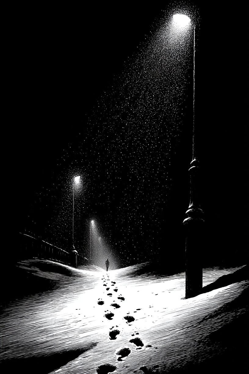 Snowy Footprints Nightscape Poster. poster detail