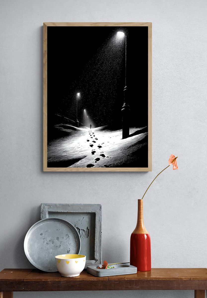 Snowy Footprints Nightscape Poster. — room view 3