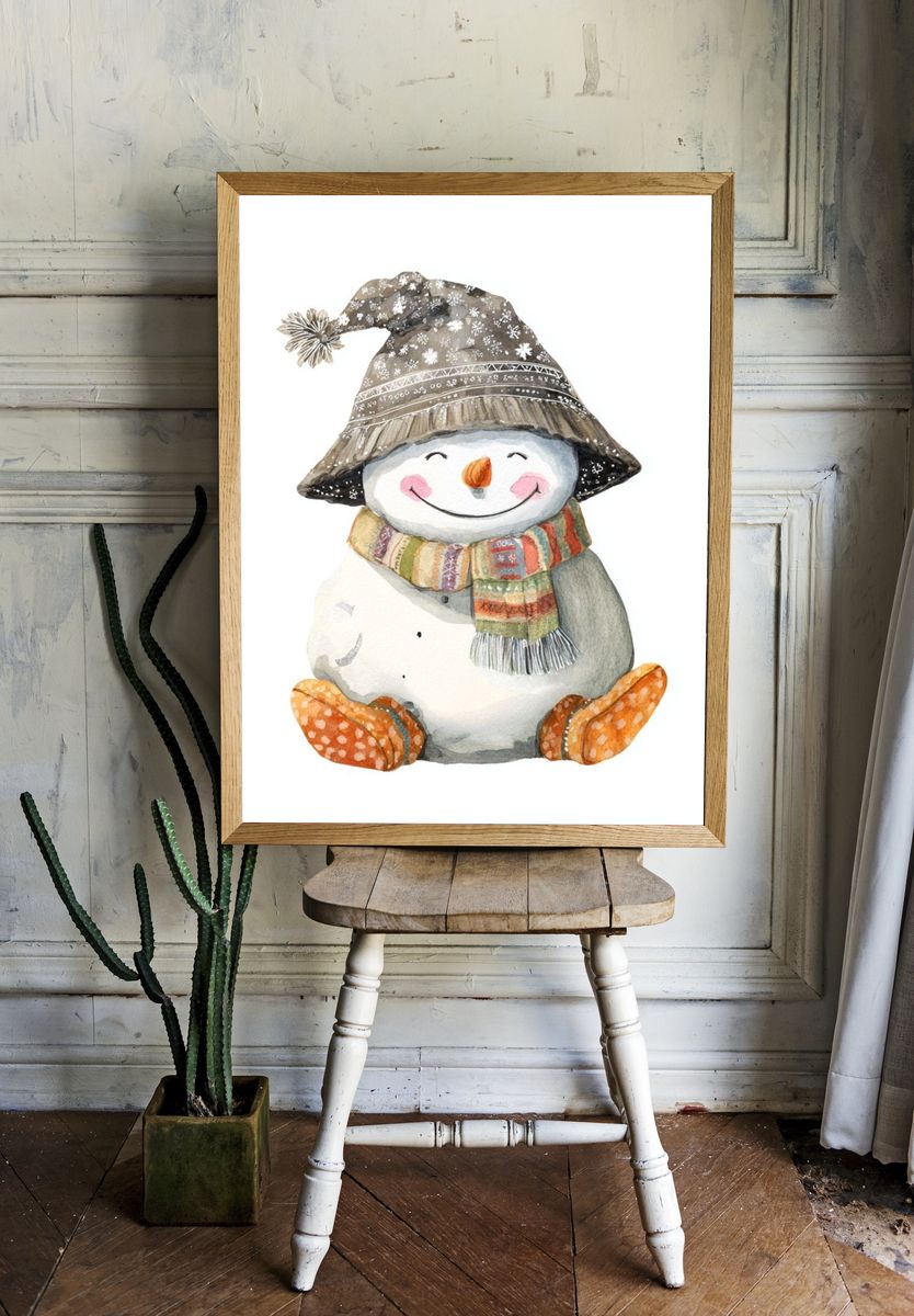 Happy Snowman Watercolor Print. — room view 1