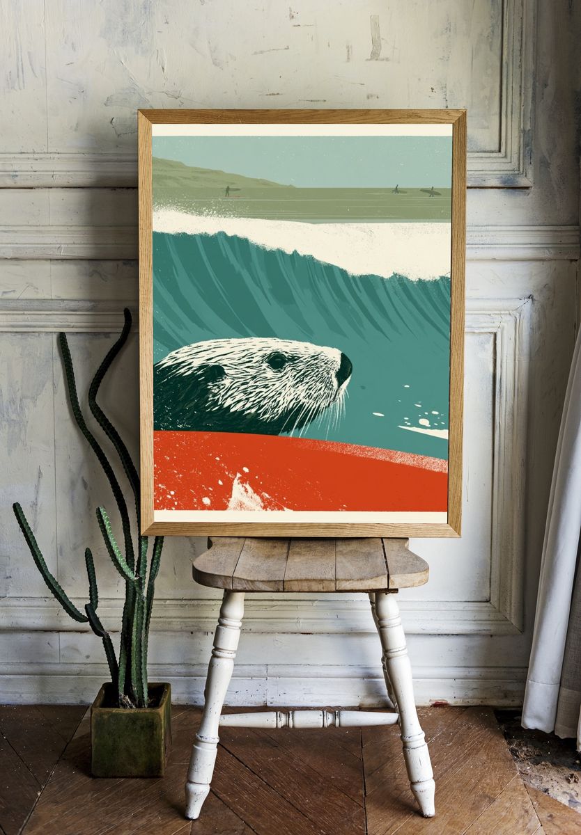 Sea Otter Surf Illustration Poster. — room view 1