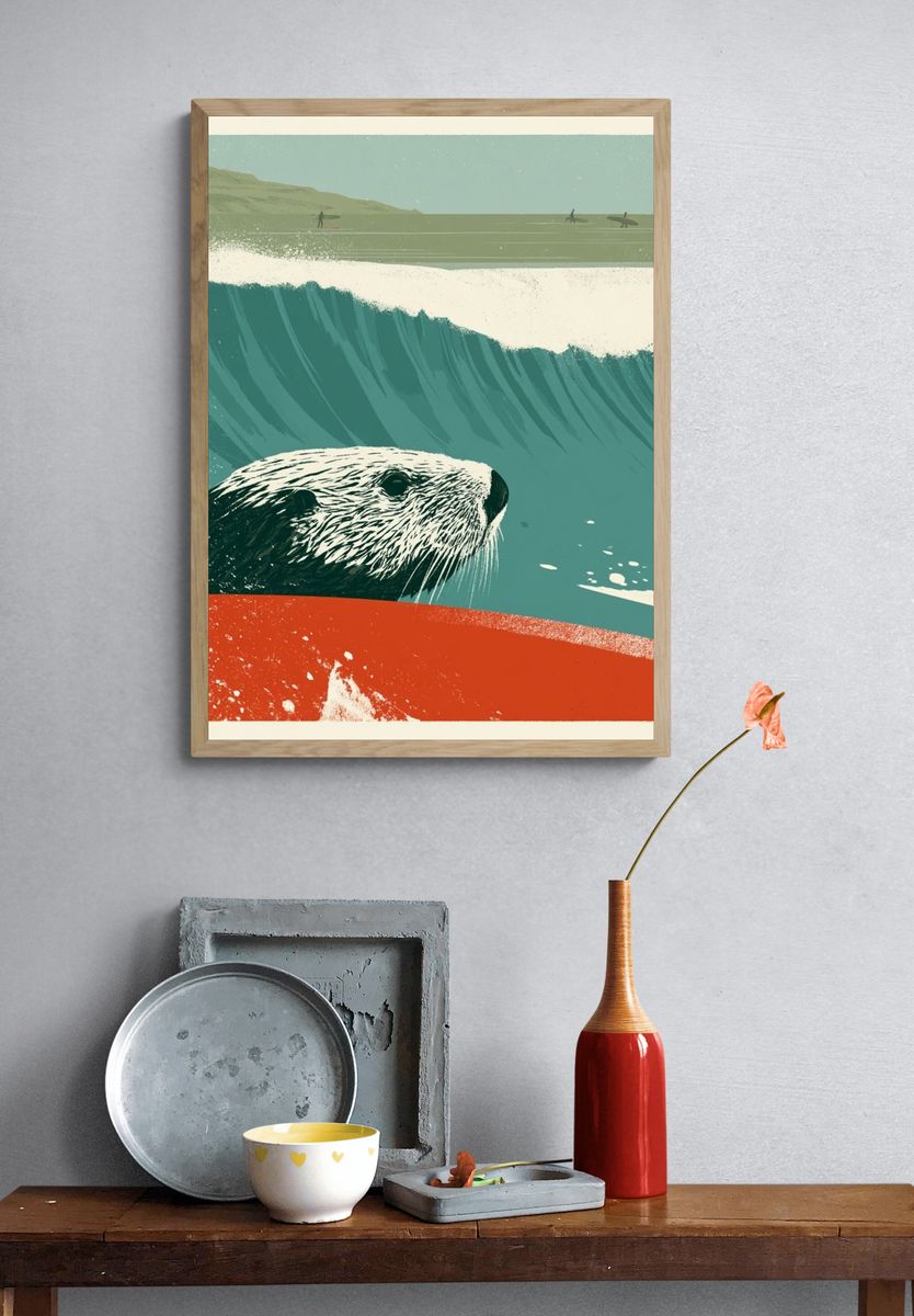 Sea Otter Surf Illustration Poster. — room view 3