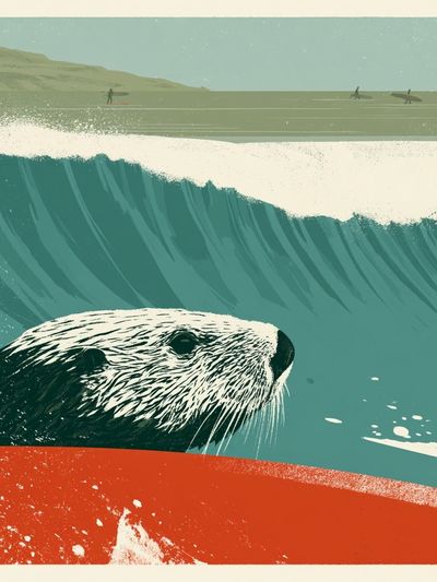 Sea Otter Surf Illustration Poster.