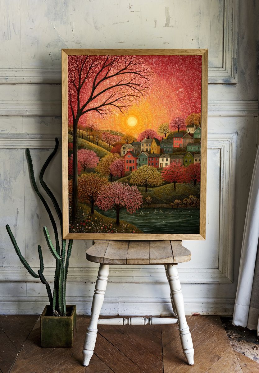 Sunset Over Colorful Village — Art Print. — room view 1