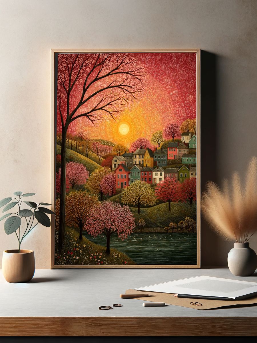 Sunset Over Colorful Village — Art Print. — room view 2