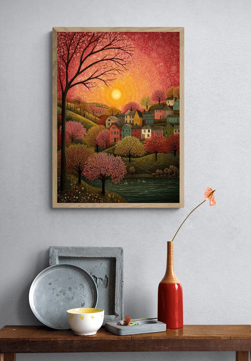 Sunset Over Colorful Village — Art Print. — room view 3