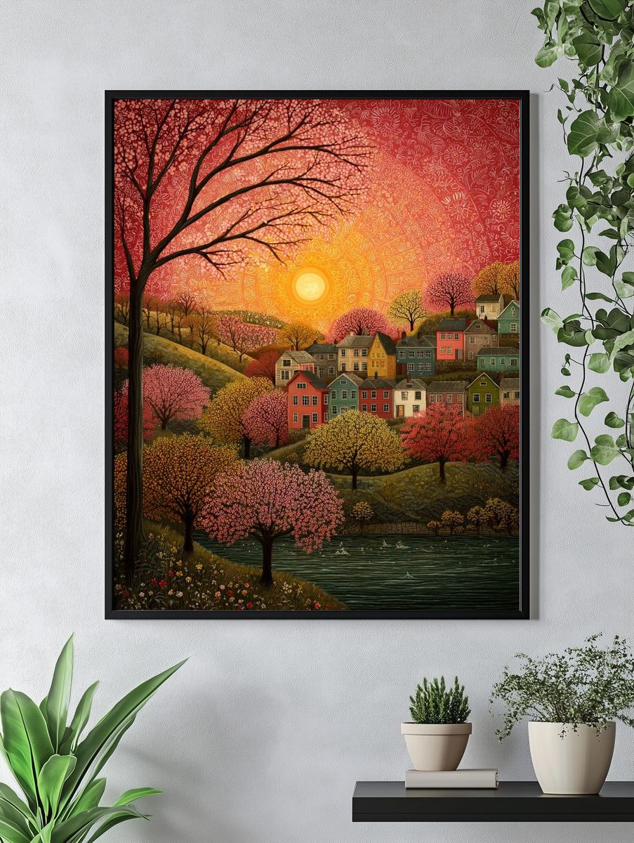 Sunset Over Colorful Village — Art Print. — room view 4