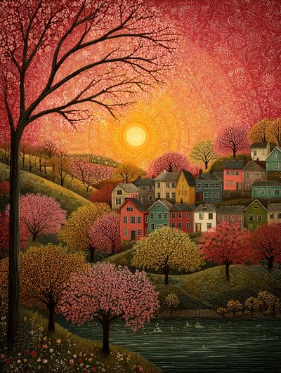 Sunset Over Colorful Village — Art Print. poster print