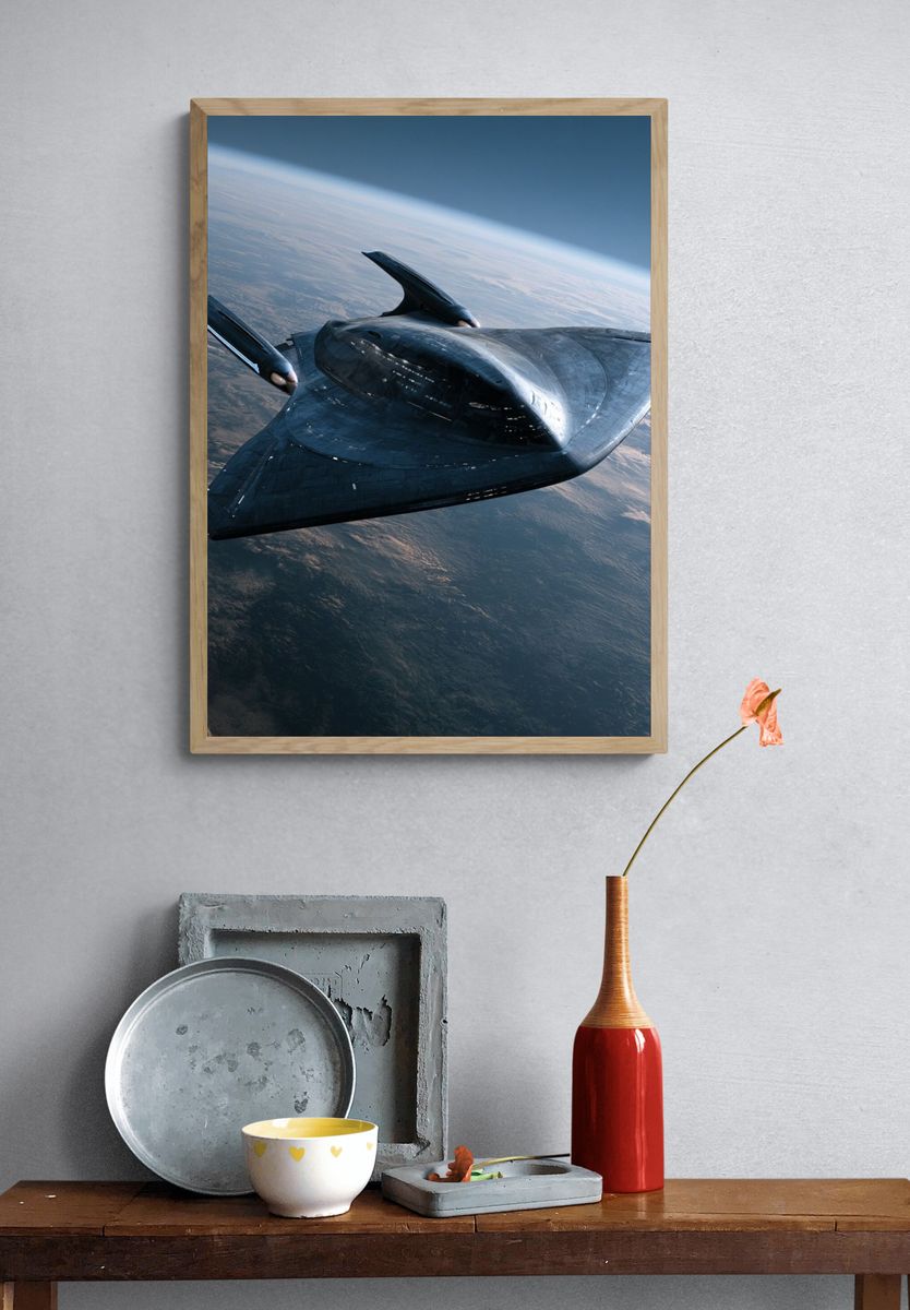 Futuristic Starship Over Earth Poster. — room view 3
