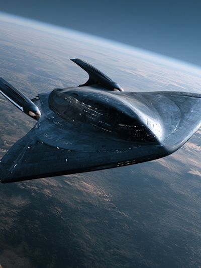 Futuristic Starship Over Earth Poster.