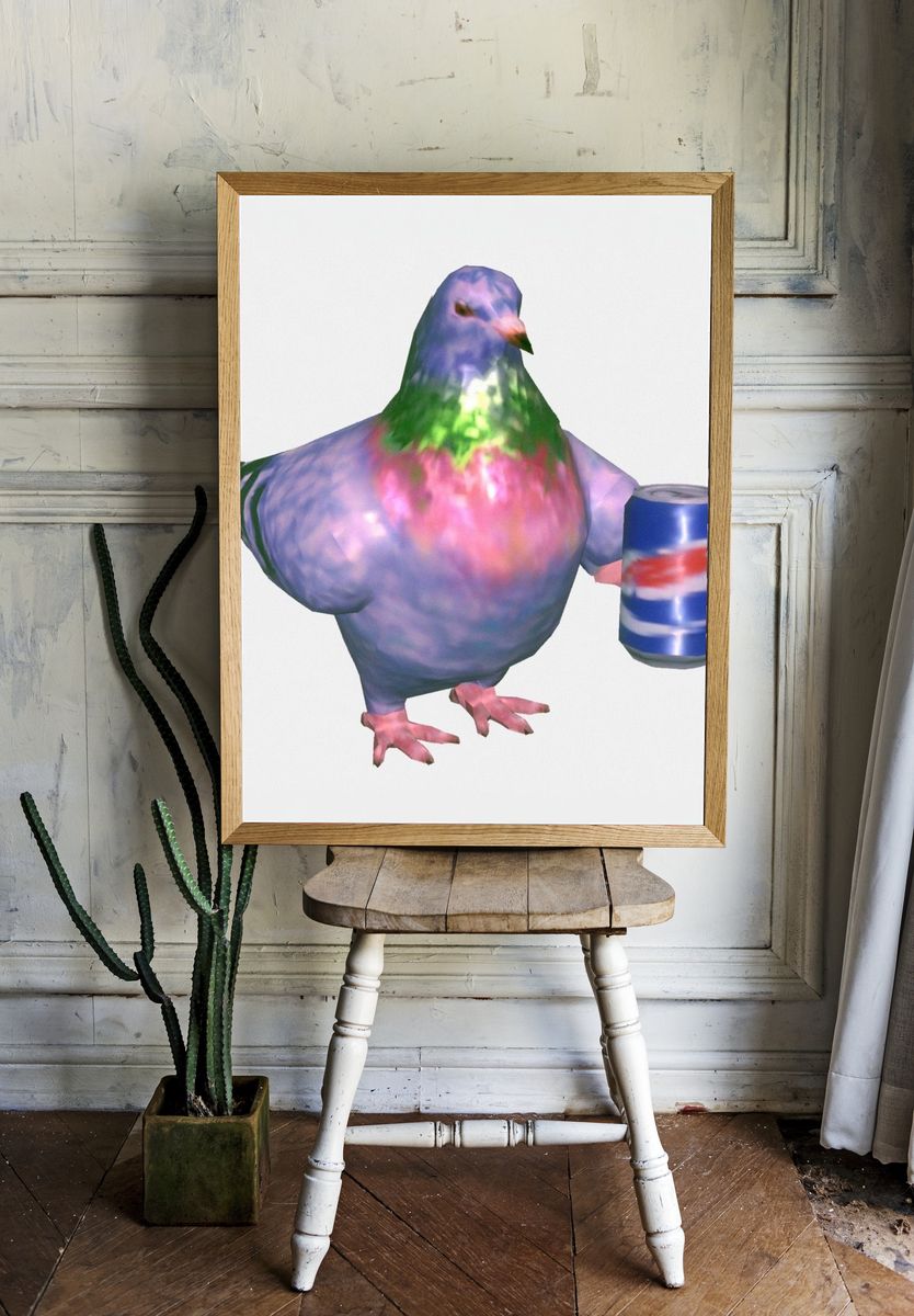 Surreal Pigeon with Soda Can Poster. room preview