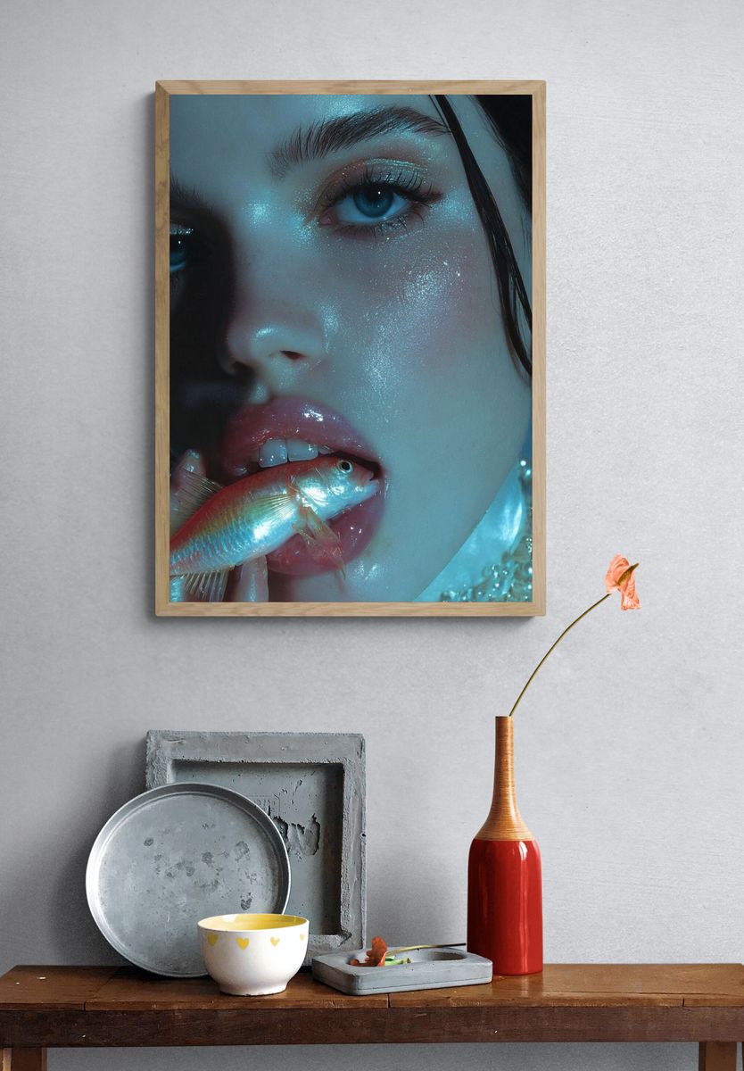 Surreal Portrait with Goldfish Print. — room view 3