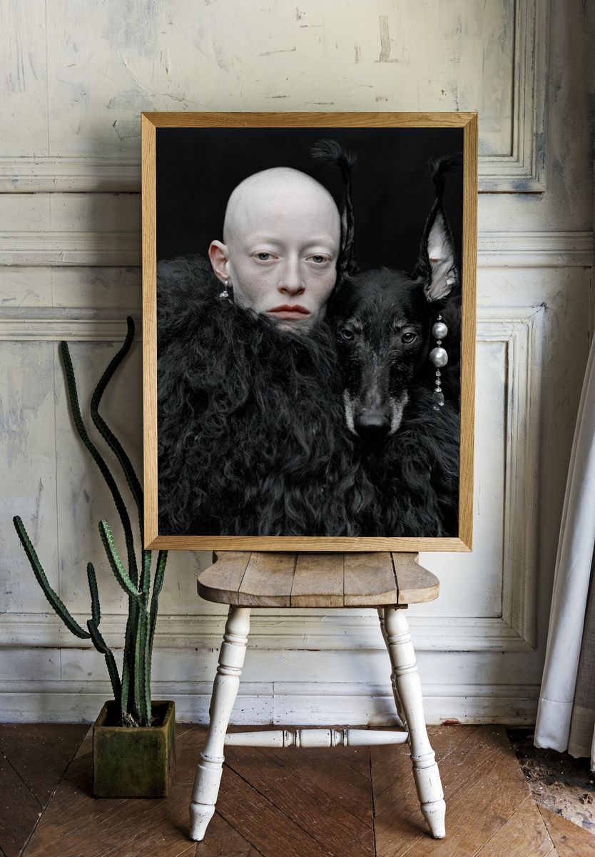 Surreal Portrait with Black Dog Print. — room view 1