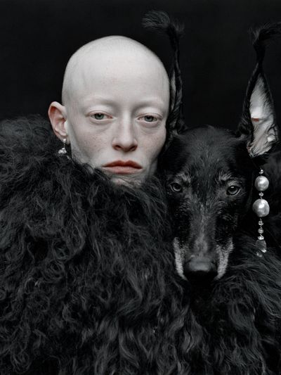Surreal Portrait with Black Dog Print. poster