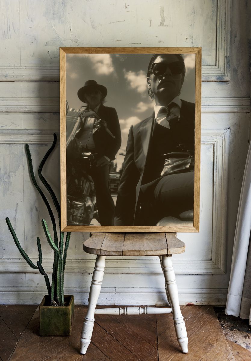 Sepia Motorcycle Duo Photography Poster. room preview