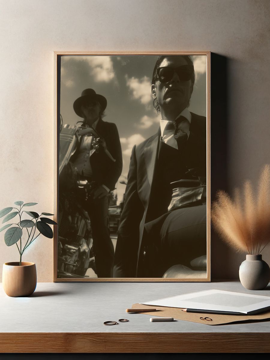 Sepia Motorcycle Duo Photography Poster. — room view 2