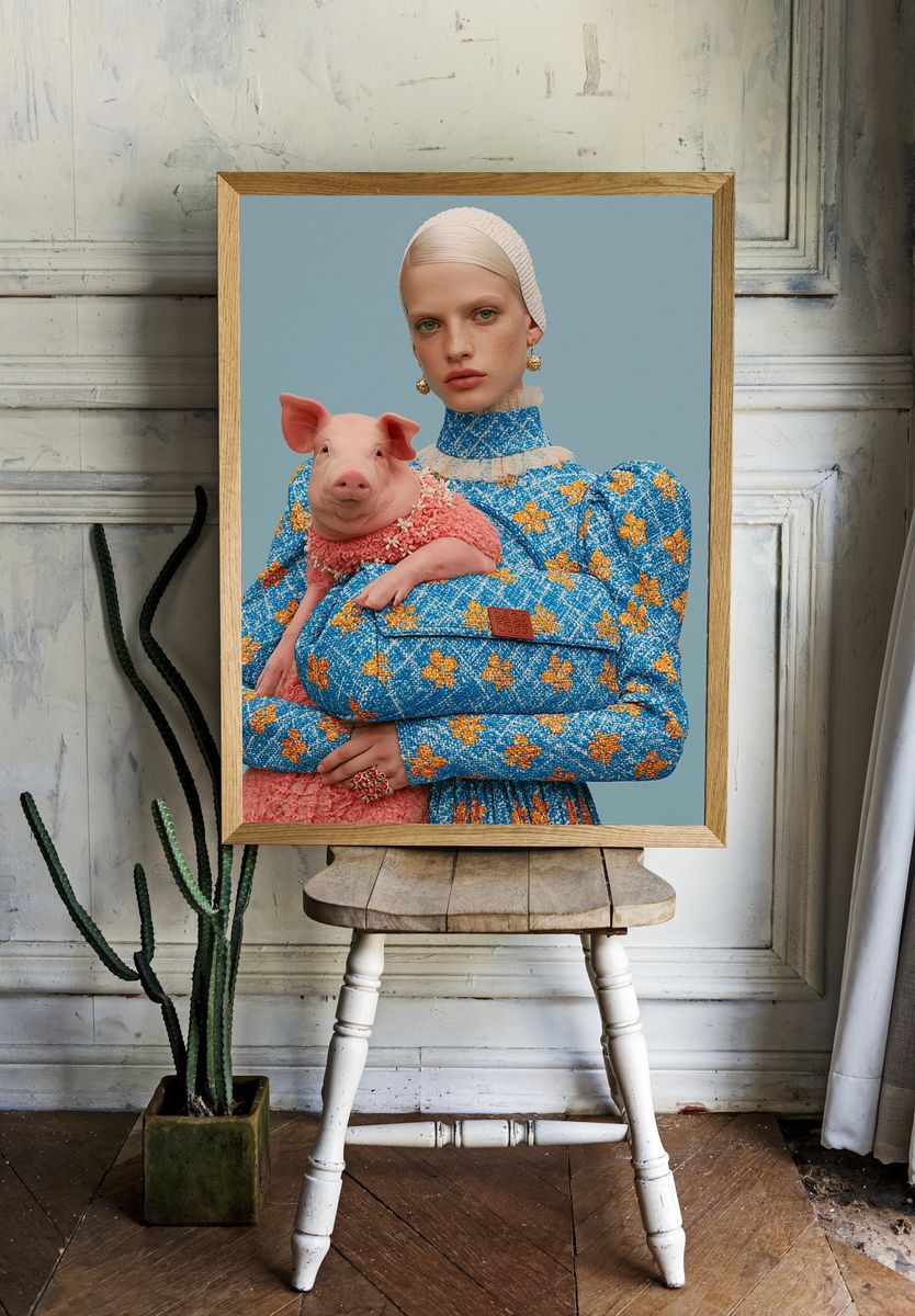 Surreal Pig Portrait Print. room preview
