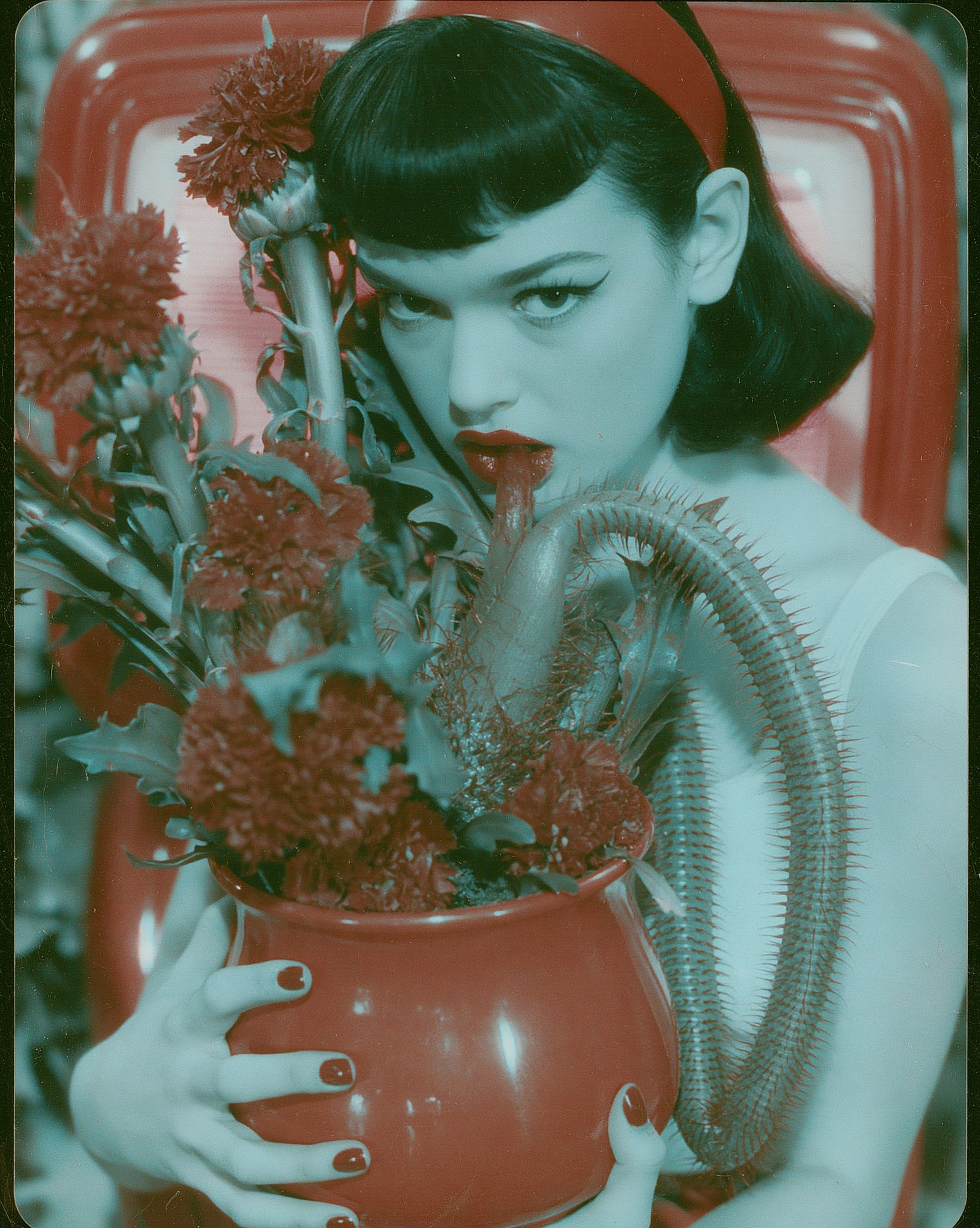 Surreal Portrait with Red Flowers Print. poster — photography art