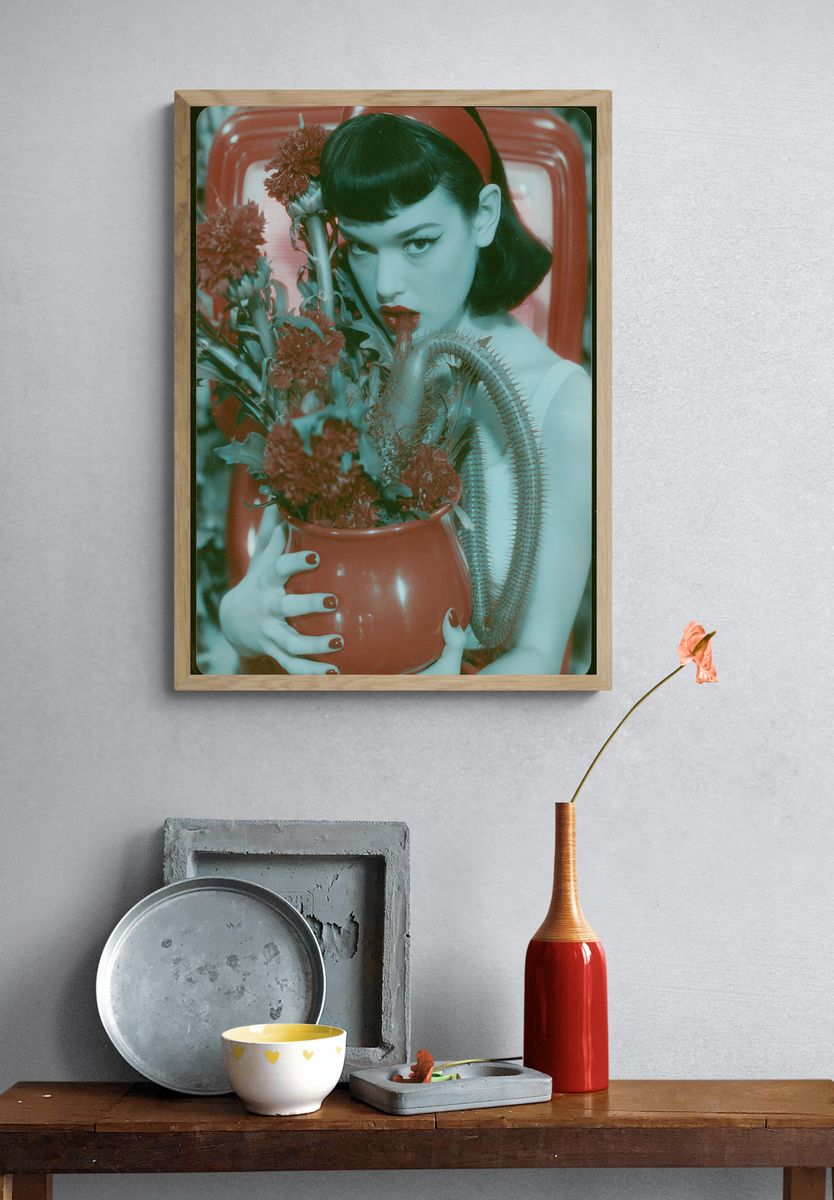 Surreal Portrait with Red Flowers Print. — room view 3
