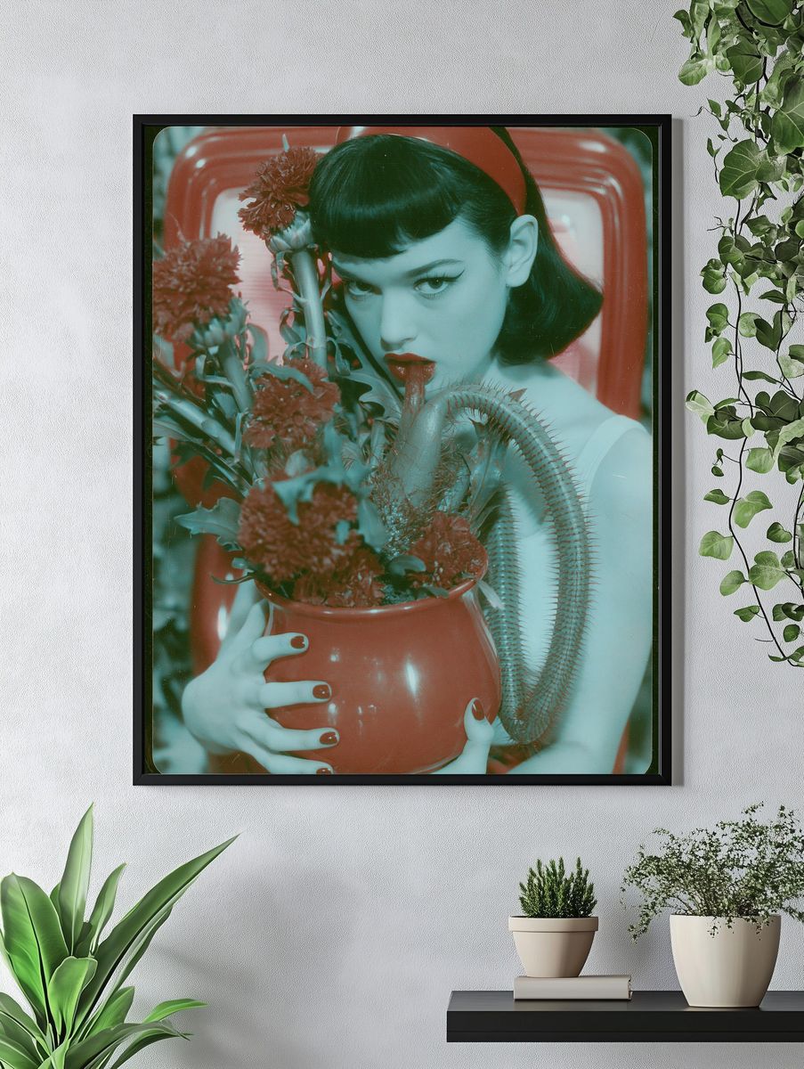 Surreal Portrait with Red Flowers Print. — room view 4