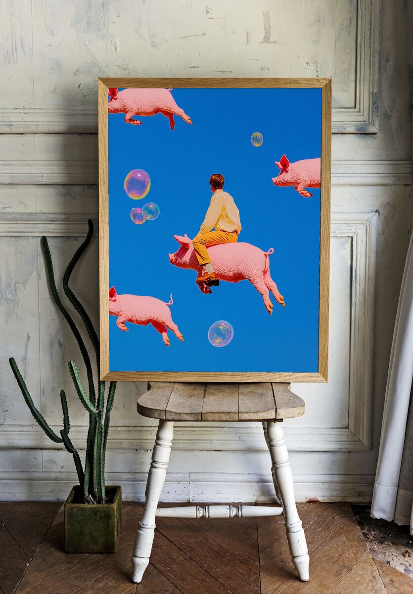 Surreal Pig Riding — Fine Art Print. — room view 1
