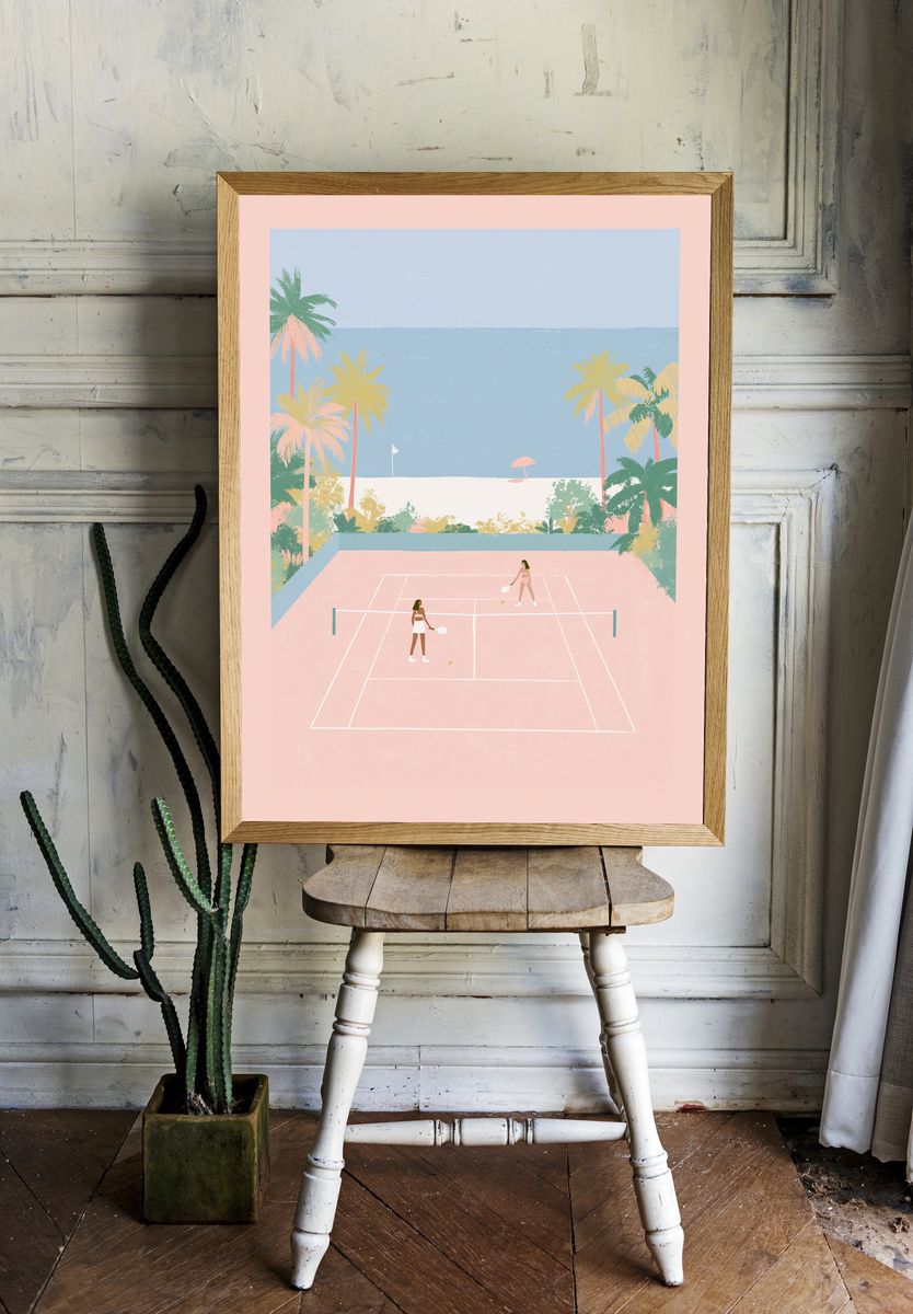 Tropical Tennis Court Illustration Poster. — room view 1
