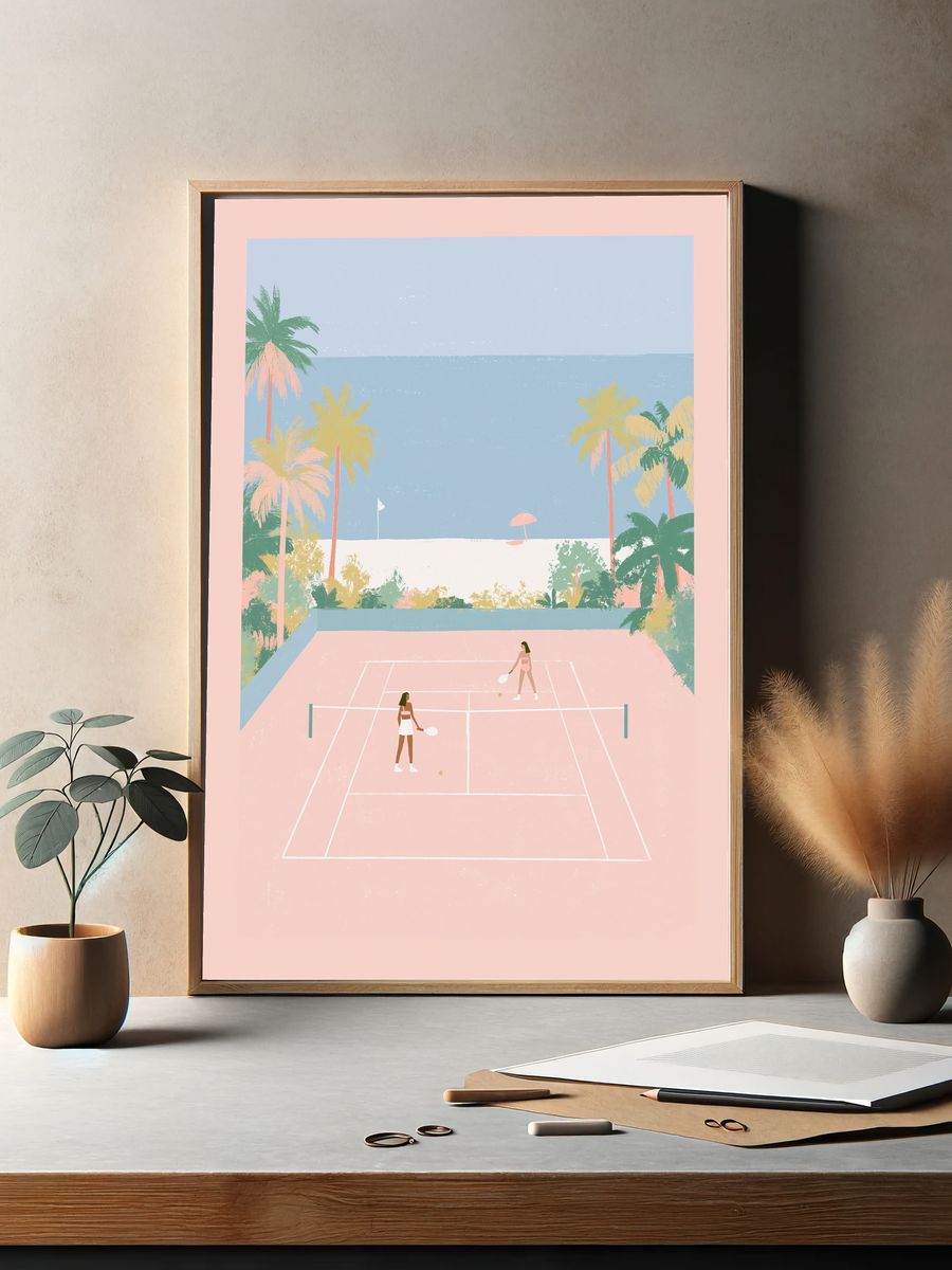 Tropical Tennis Court Illustration Poster. — room view 2