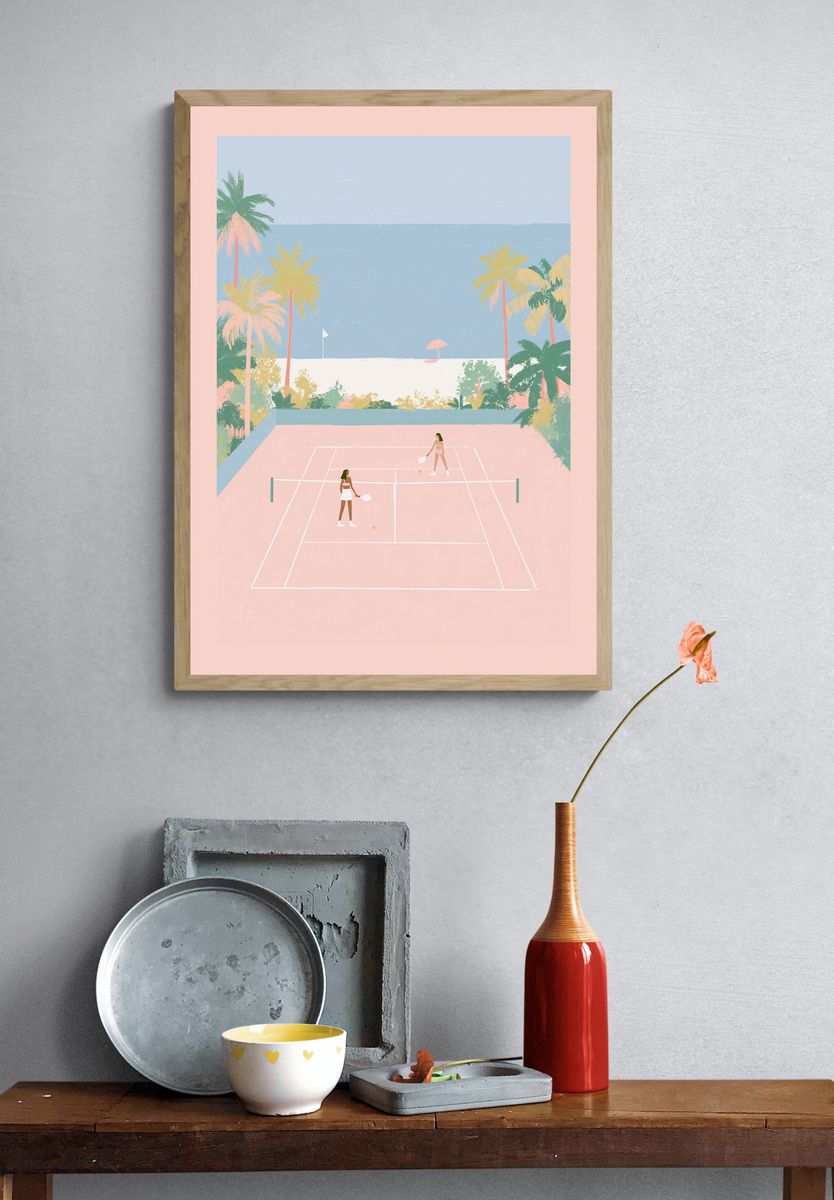 Tropical Tennis Court Illustration Poster. — room view 3