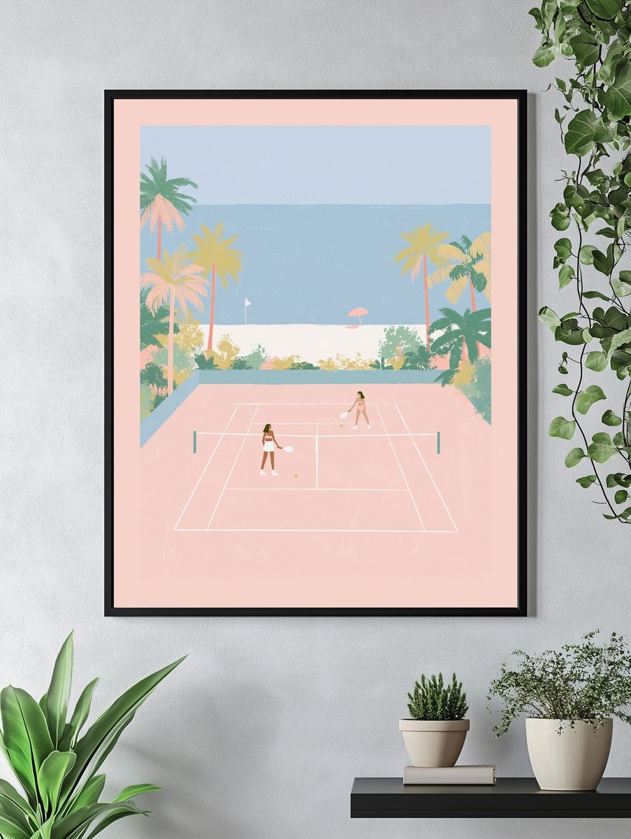 Tropical Tennis Court Illustration Poster. — room view 4