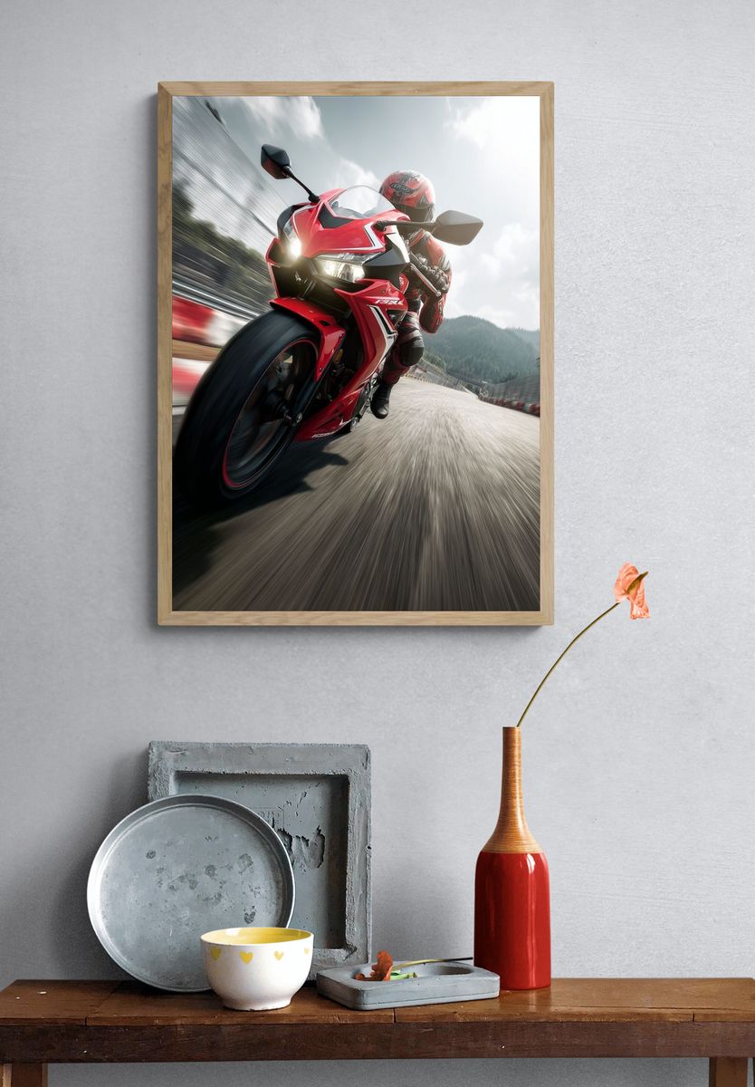Red Sport Motorcycle Action Poster. — room view 3