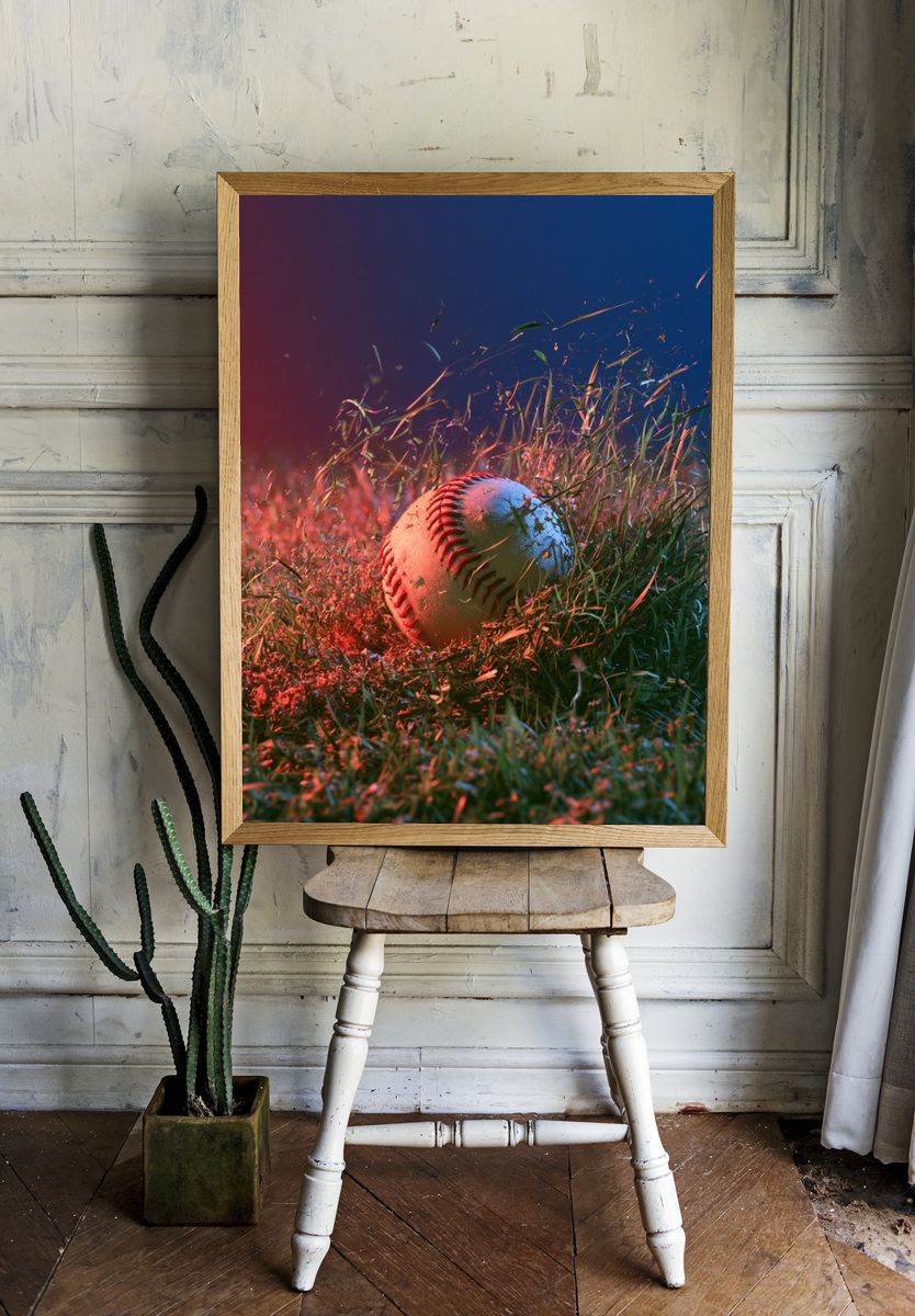 Glowing Baseball in Grass Photography Poster. room preview