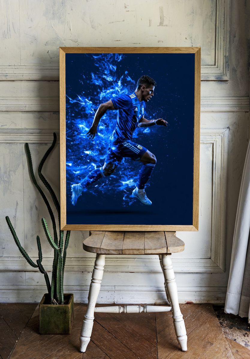 Blue Soccer Player Action Poster. room preview