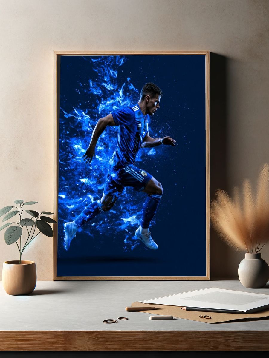 Blue Soccer Player Action Poster. — room view 2