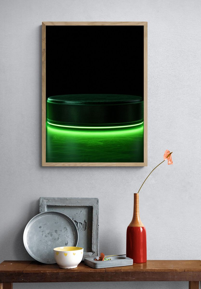 Neon Green Hockey Puck Poster. — room view 3