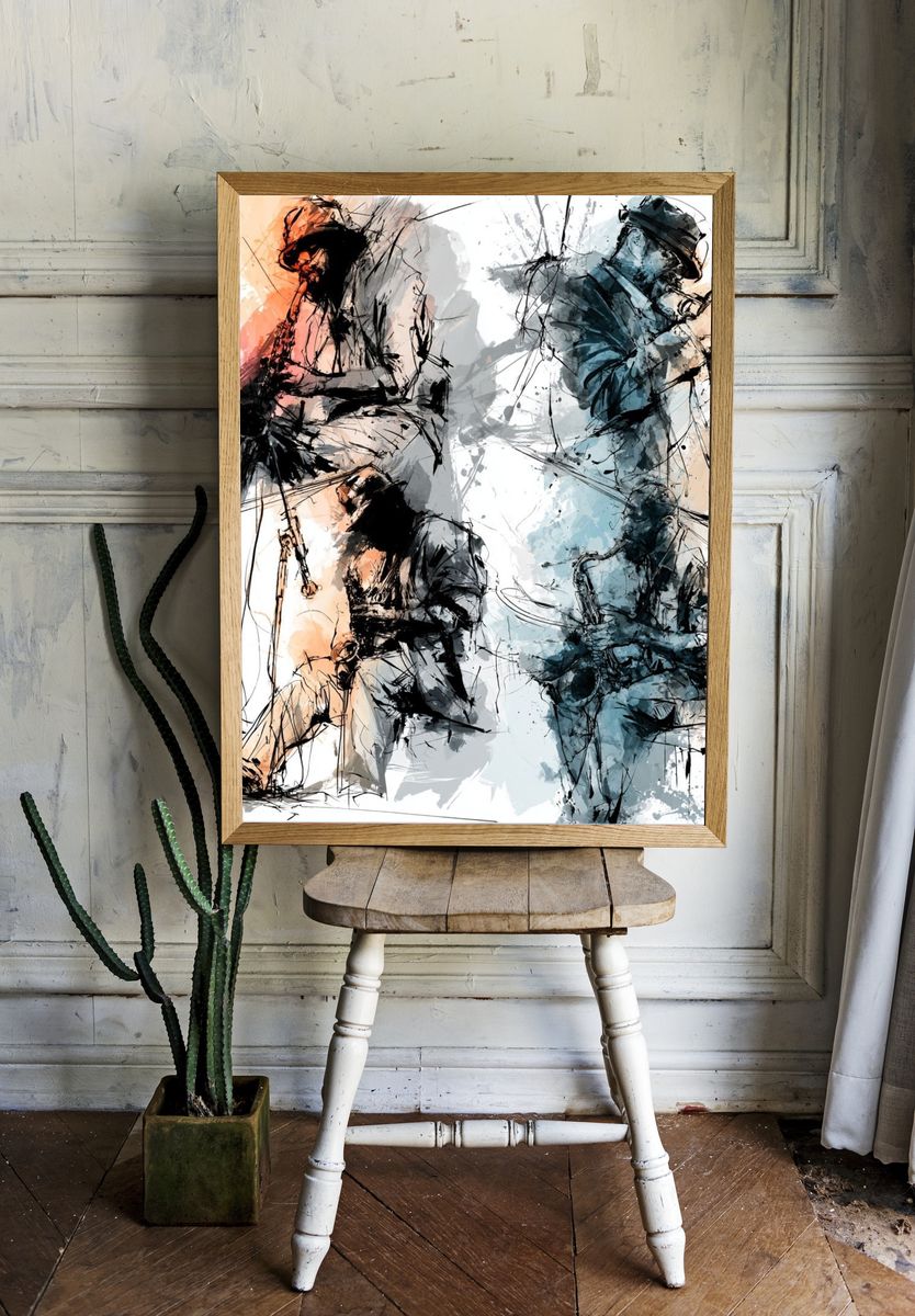 Abstract Hockey Players Print. room preview