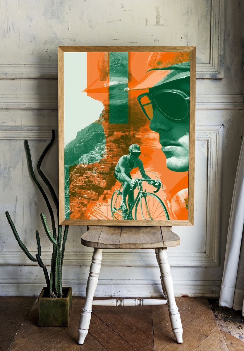 Cyclist Coastal Collage Poster. room preview