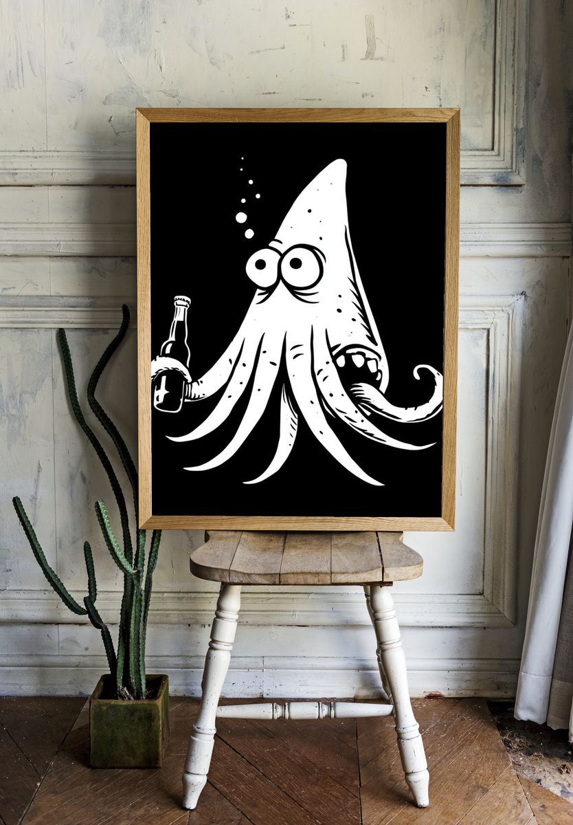 Drunken Squid Cartoon Print. — room view 1