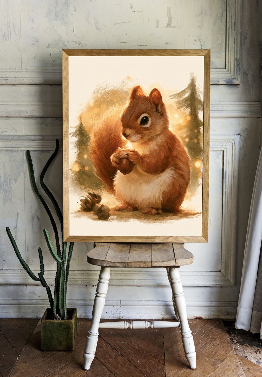 Forest Squirrel Watercolor Print. room preview