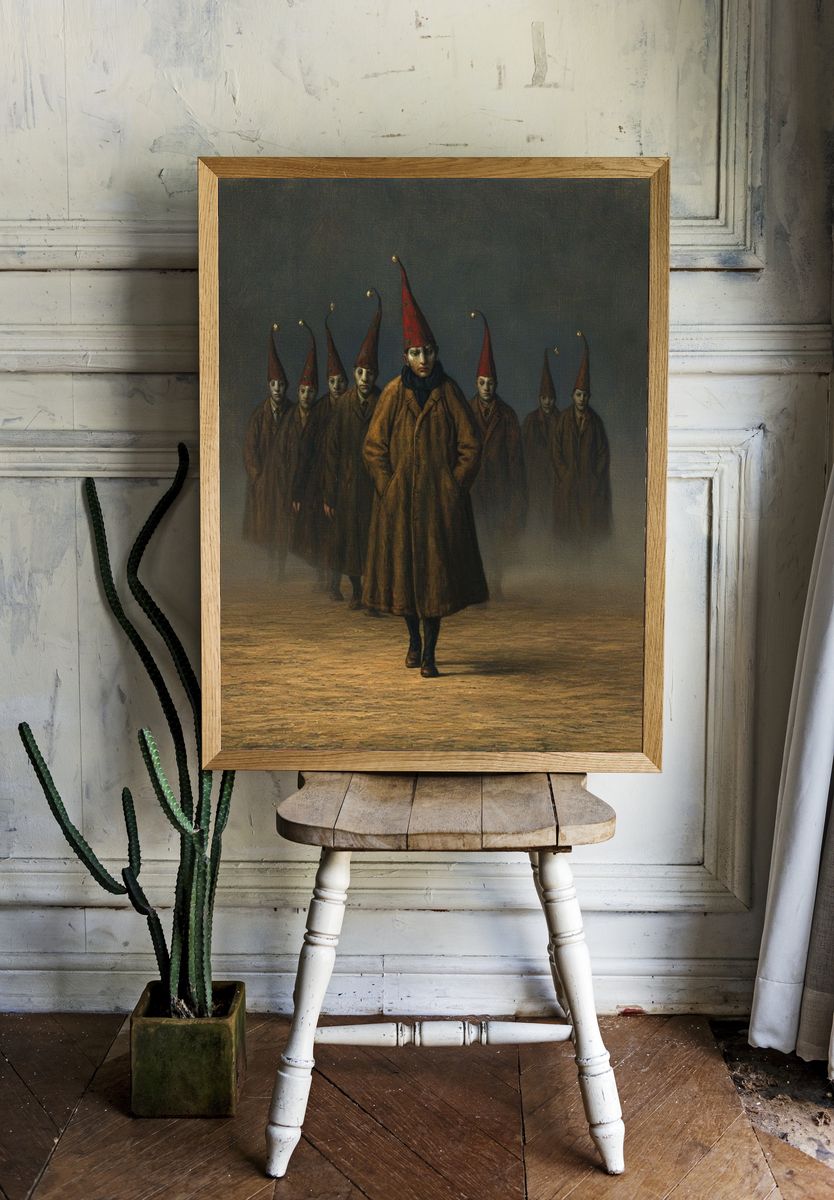 Surreal Gnome Procession Print. room preview