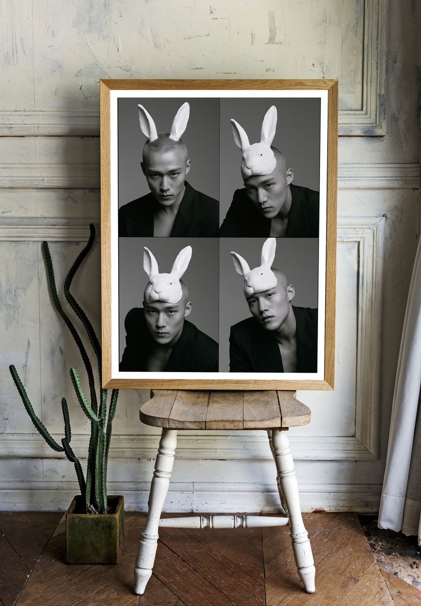 Surreal Rabbit Mask Portrait Print. room preview