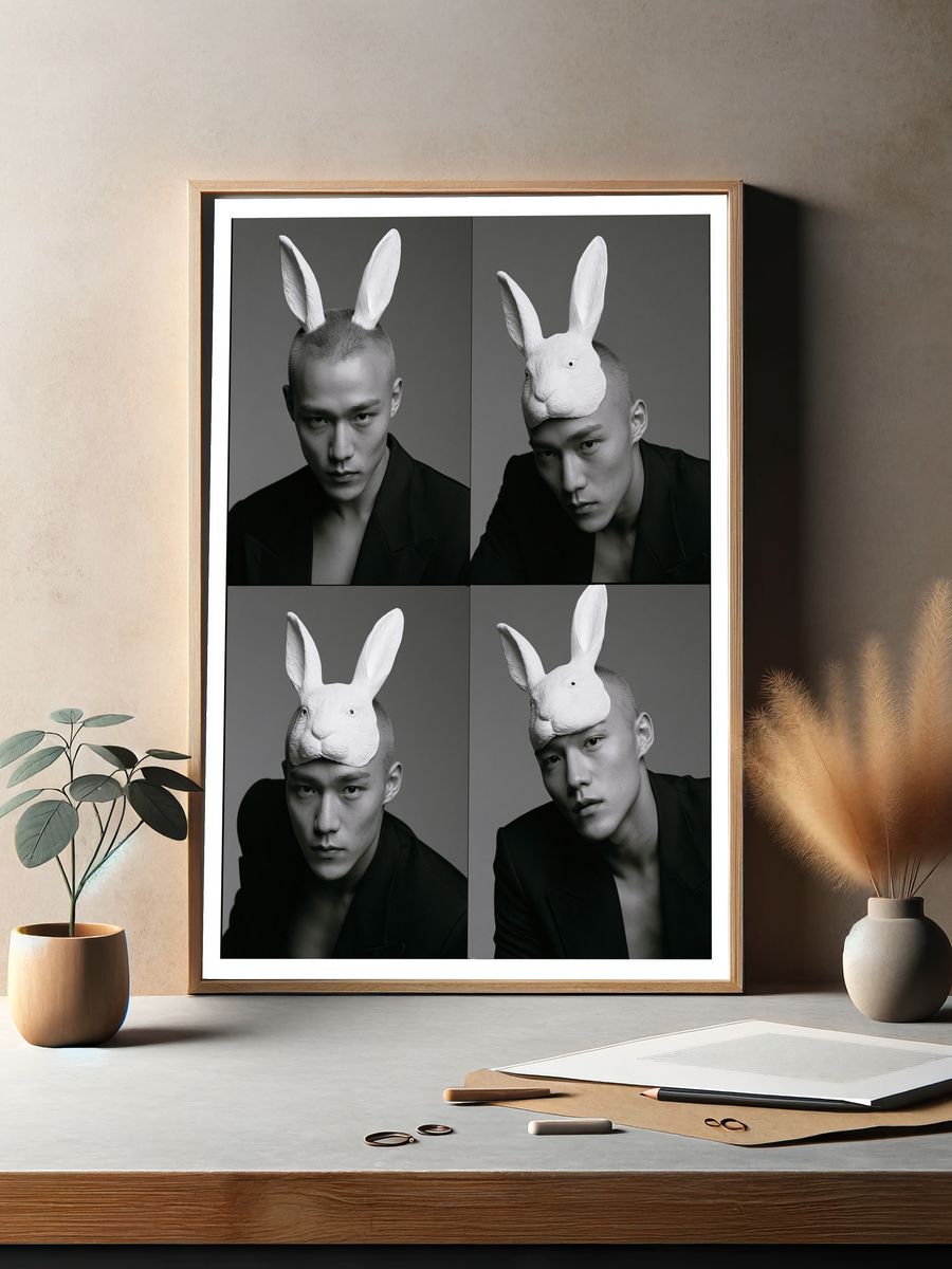 Surreal Rabbit Mask Portrait Print. — room view 2