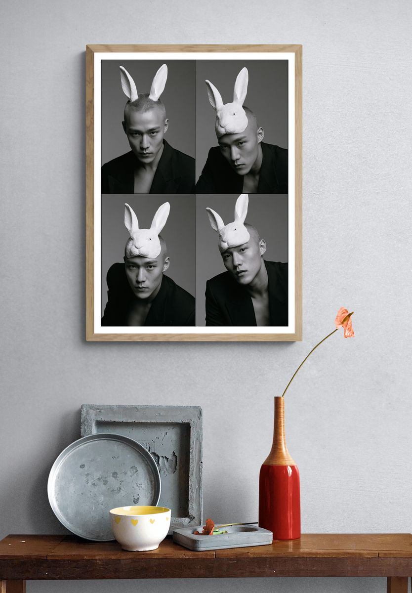 Surreal Rabbit Mask Portrait Print. — room view 3