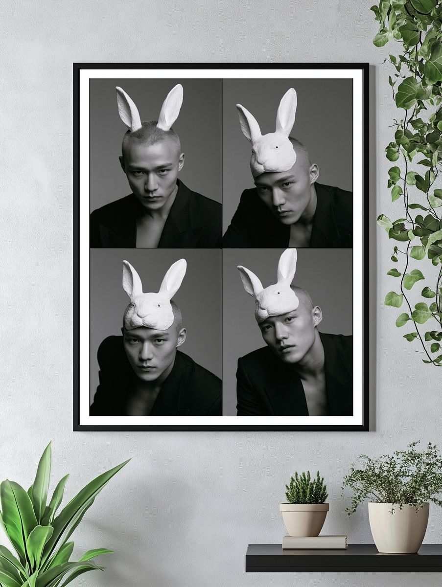Surreal Rabbit Mask Portrait Print. — room view 4