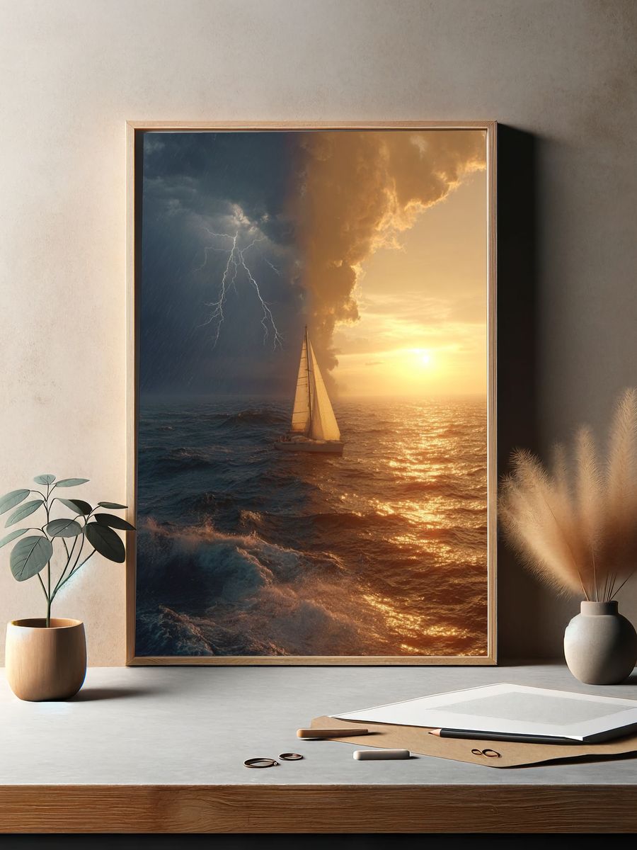 Stormy Sea and Sunset Sail — Photography Print. — room view 2