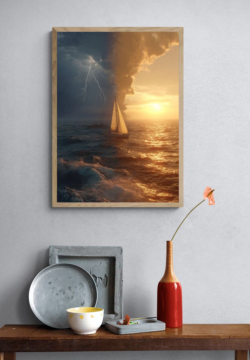 Stormy Sea and Sunset Sail — Photography Print. — room view 3