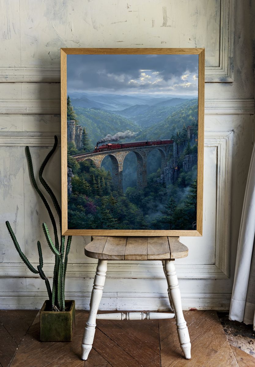 Steam Train Crossing a Bridge — Landscape Print. — room view 1